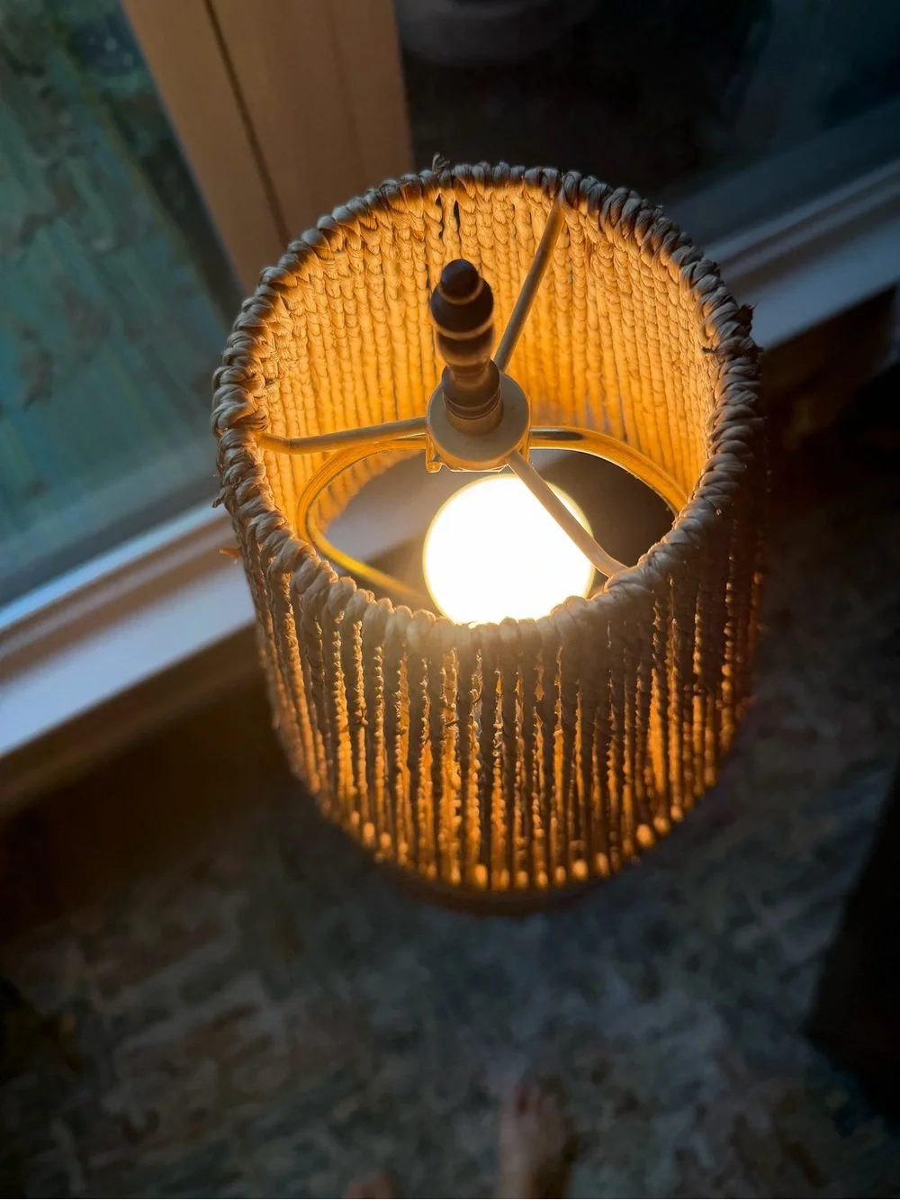 Vintage White Glass and Brass Small Table Lamp. Jute Shade. Hand Painted Stripe